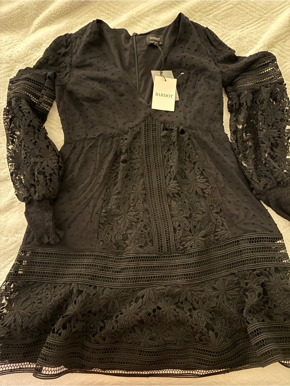 NWT Bardot Black Lace Textured Cotton Dress AUS/UK 12 (US 8) Long Sleeve Floral